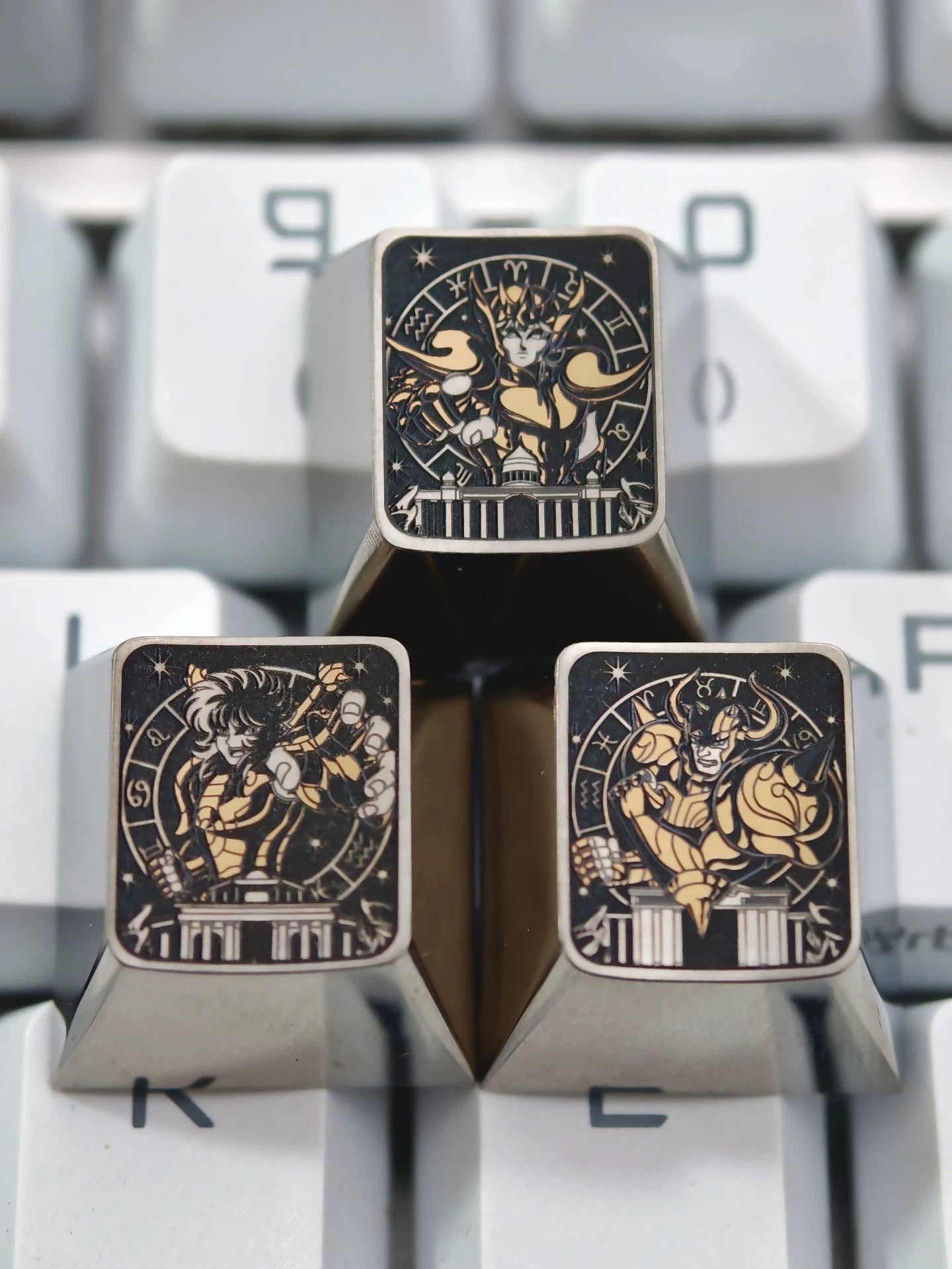 Saint Seiya, Twelve Gold Saints collection, 1U titanium alloy personalized keycaps, anime and game culture creative personalized keycaps, mechanical keyboard decorative keycaps