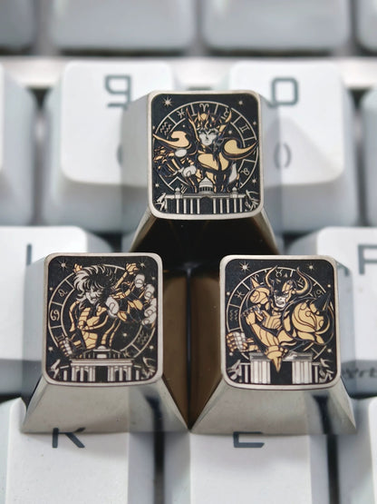 Saint Seiya, Twelve Gold Saints collection, 1U titanium alloy personalized keycaps, anime and game culture creative personalized keycaps, mechanical keyboard decorative keycaps