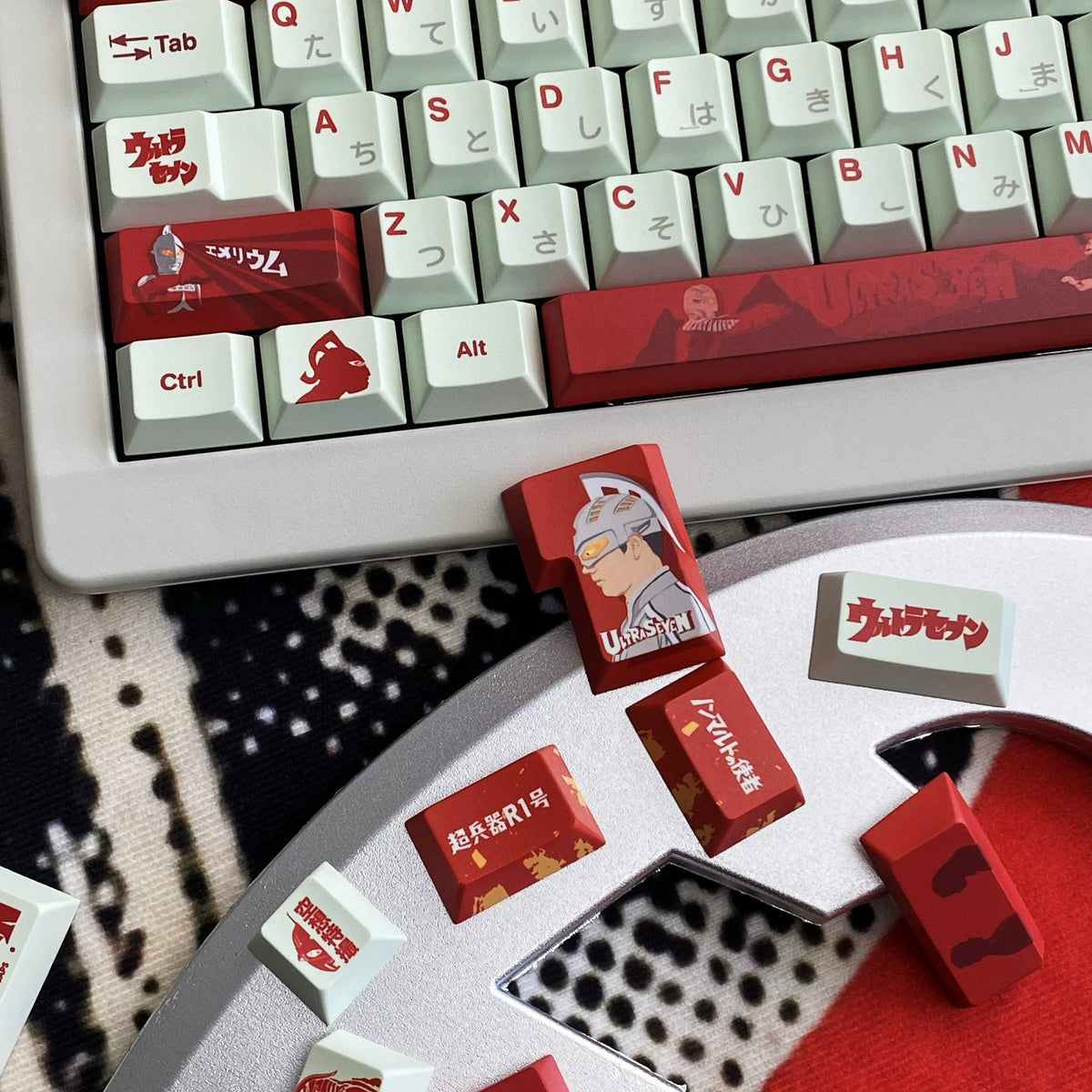 UltraSeven theme, PBT material, sublimation， Anime games Personalized keycap set, original factory height mechanical keyboard decorative keycap set，anime keycap set suitable for 61/64/68/75/84/87/104 Key Mechanical Keyboard