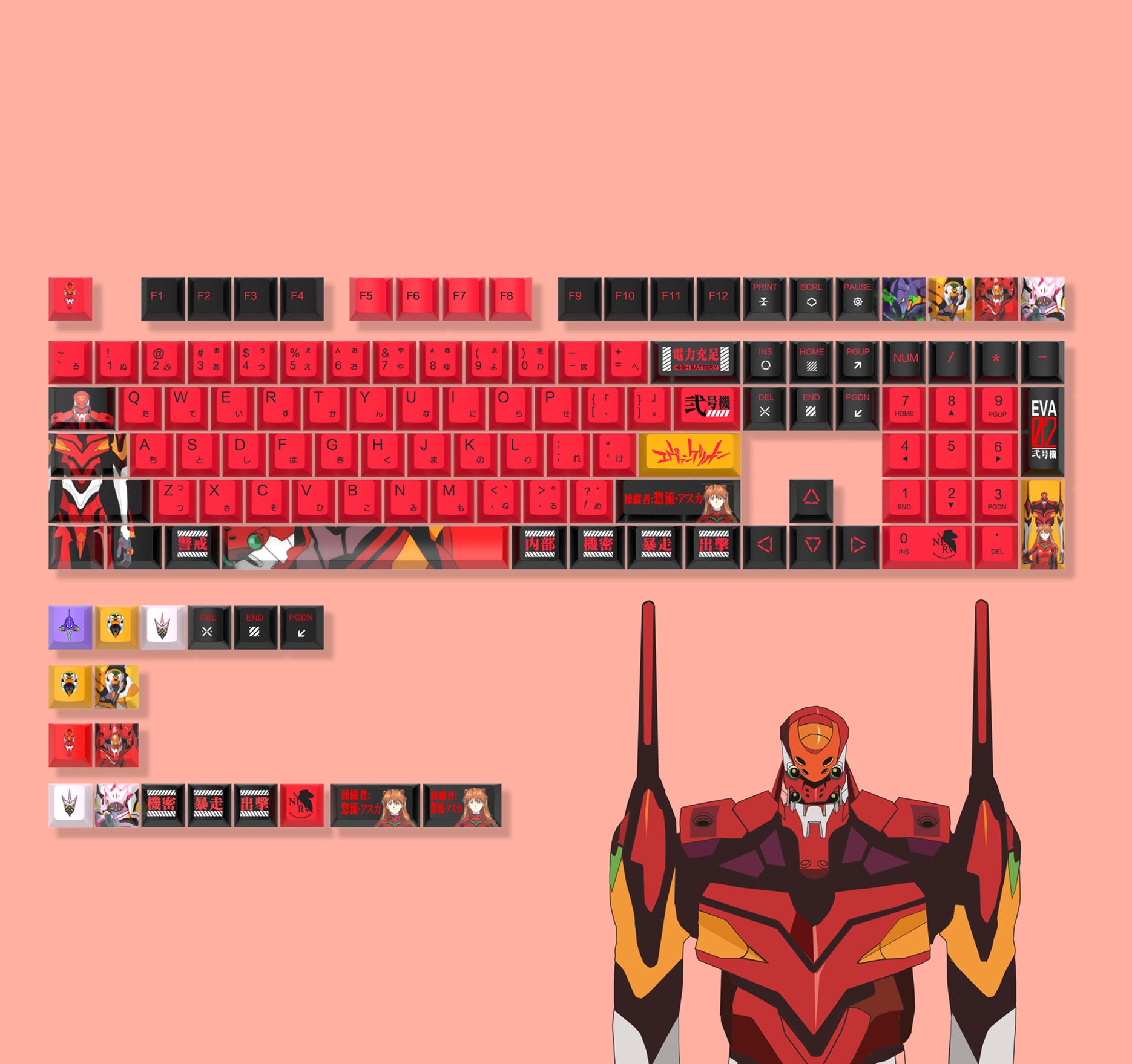 EVA mecha themed design, PBT material, sublimation process, large characters, personalized keycaps, mechanical keyboard decorative art keycaps
