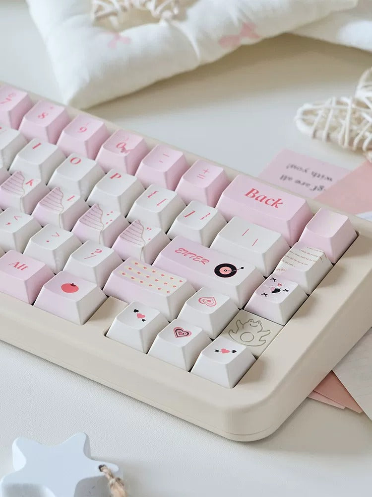 Love Notes, Pink themed PBT material personalized keycap set, mechanical keyboard replacement decorative keycaps, compatible with 61/64/68/75/84/87/104 key mechanical keyboard