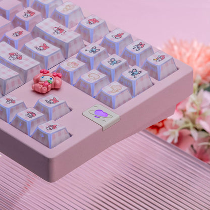 My Melody theme design personalized keycap set with folded edges, transparent side engraving, PBT material, heat sublimation process, original factory height mechanical keyboard decoration keycap set