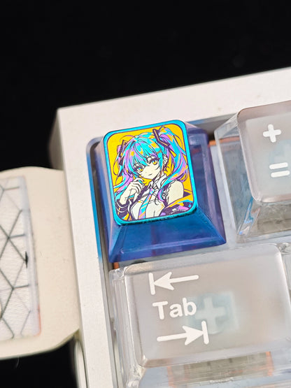 Hatsune Miku, yellow background, colorful 1 U titanium alloy personalized keycaps, anime and game culture creative art keycaps, mechanical keyboard decorative keycaps
