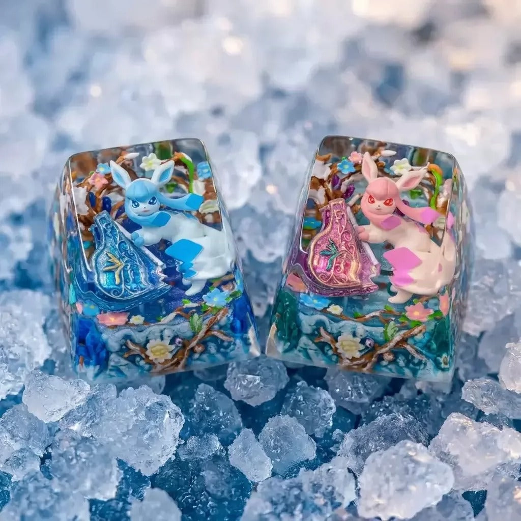 Pokémon，Glaceon theme coating and sealing design, Crystal Resin Personalized Keycaps, Anime Game Culture Creative Resin Keycaps, Mechanical Keyboard Art Decorative Keycaps