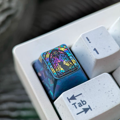 Black cat glass floral style 1U titanium alloy personalized keycap, anime game creative peripheral mechanical keyboard decoration keycap