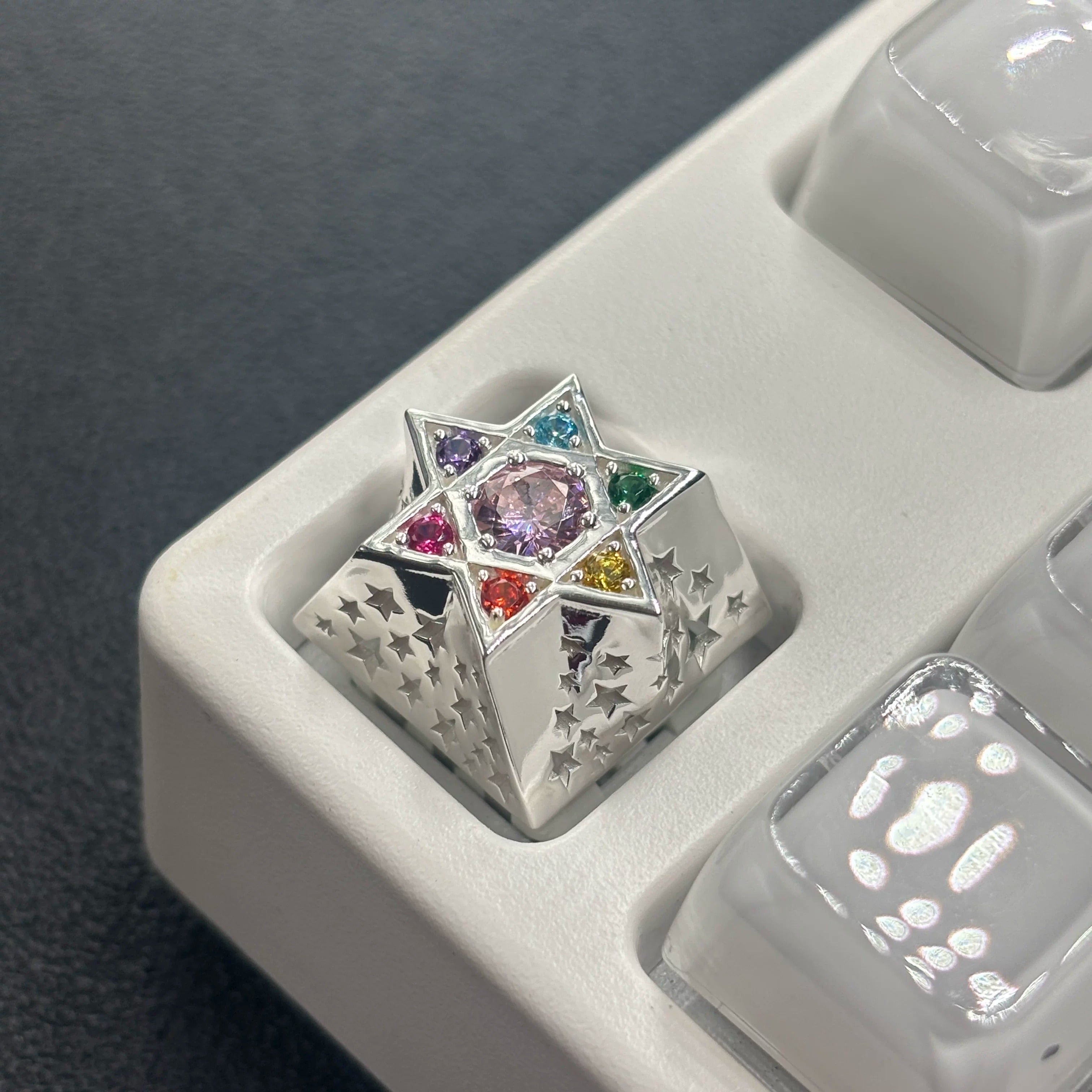 Hexagonal star, multi-color gemstone inlay, 925 sterling silver personalized keycap, hollowed out design mechanical keyboard metal decorative keycap