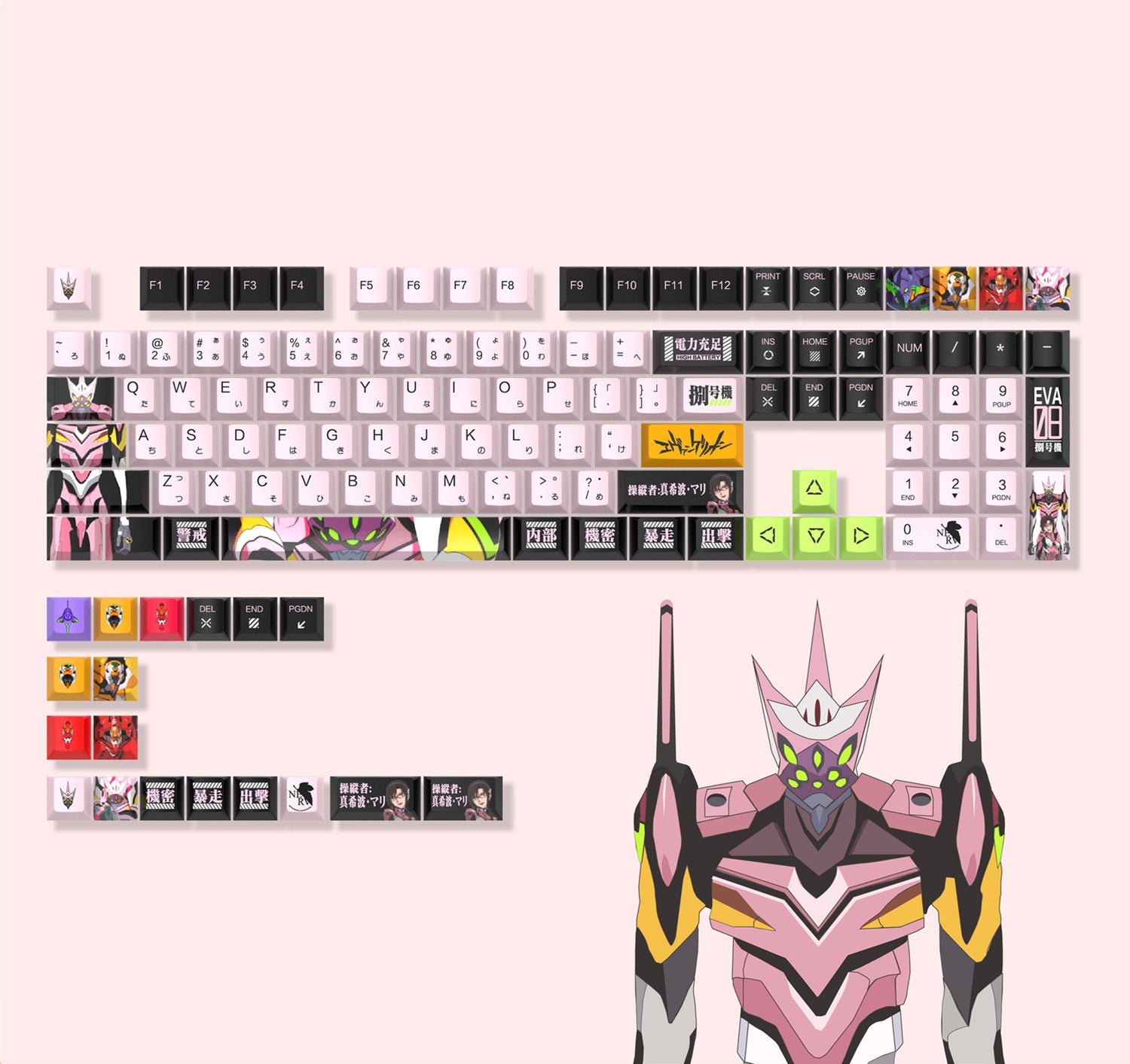 EVA mecha themed design, PBT material, sublimation process, large characters, personalized keycaps, mechanical keyboard decorative art keycaps