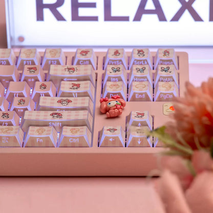My Melody theme design personalized keycap set with folded edges, transparent side engraving, PBT material, heat sublimation process, original factory height mechanical keyboard decoration keycap set