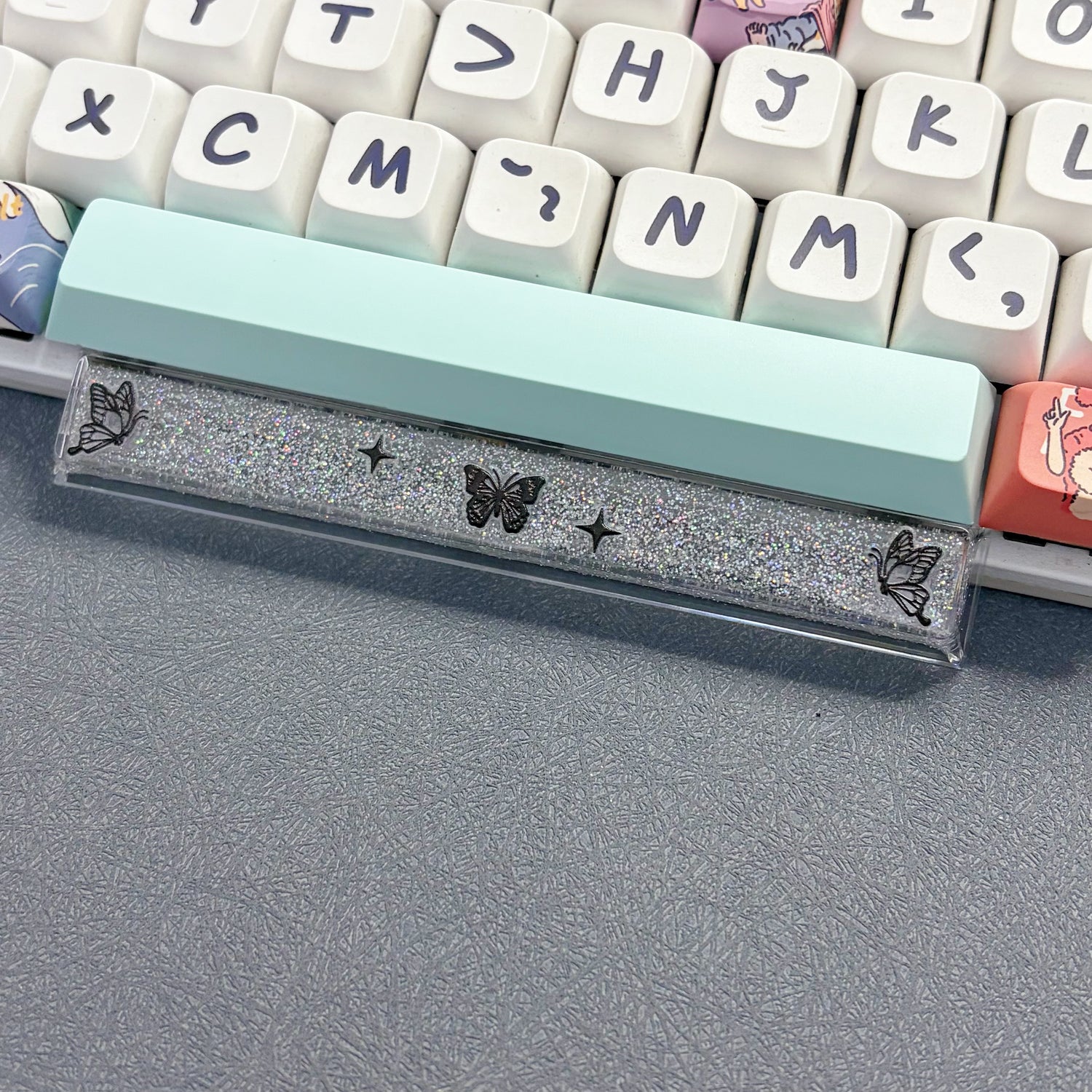 Transparent glitter butterfly keycaps Spacebar 6.25U factory height gaming mechanical keyboard decorative keycaps
