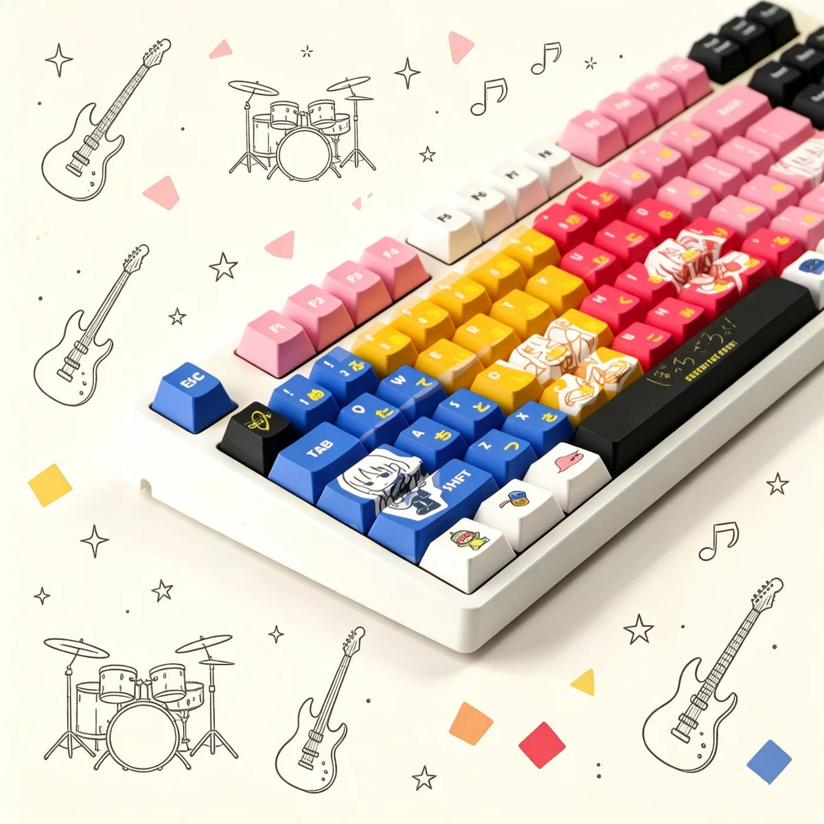 Bocchi The Rock! ， Kessoku Banndo cartoon characters PBT material personalized keycap set, anime keycap culture peripheral mechanical keyboard decoration keycaps， Compatible with 61/64/68/75/84/87/104 key mechanical keyboard keycap set