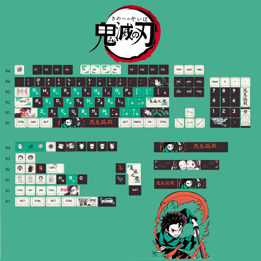 Demon Slayer: Kimetsu no Yaiba series, Kamado Tanjiro theme, PBT material anime keycap set, mechanical keyboard personalized keycap set suitable for 61/64/68/75/84/87/104 mechanical keyboards