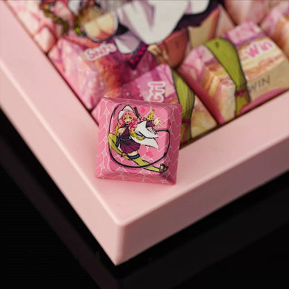 Demon Slayer: Kimetsu No Yaiba, Kanroji Mitsuri Theme PBT material personalized keycaps, mechanical keyboard replacement keycap set, anime and game cultural and creative keycaps set, Compatible with 61/64/68/75/84/87/104 Key Mechanical Keyboard Keycap Set