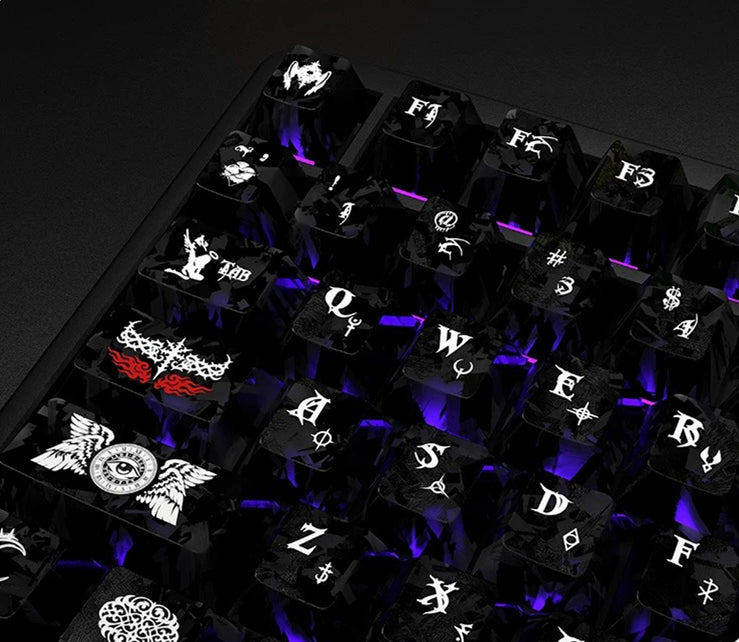 Dark Angel Theme Carbon Fiber Texture Original Factory Height Transparent PC Thermal Sublimation Process, Compatible with 61/64/68/75/84/87/104 Key Mechanical Keyboard Keycap Set