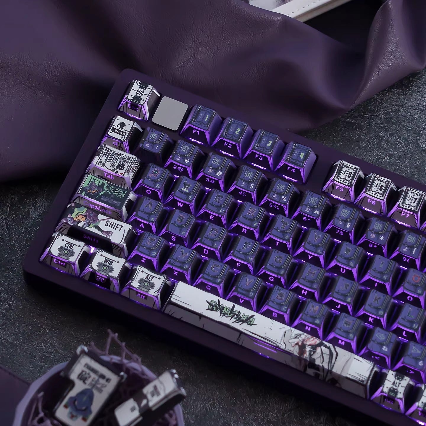 EVA series, EVANGELION-01 theme, comic style PBT keycap with folded edges and transparent five sided heat sublimation mechanical keyboard decoration keycap, compatible with 61/64/68/75/84/87/104 key mechanical keyboard keycap set