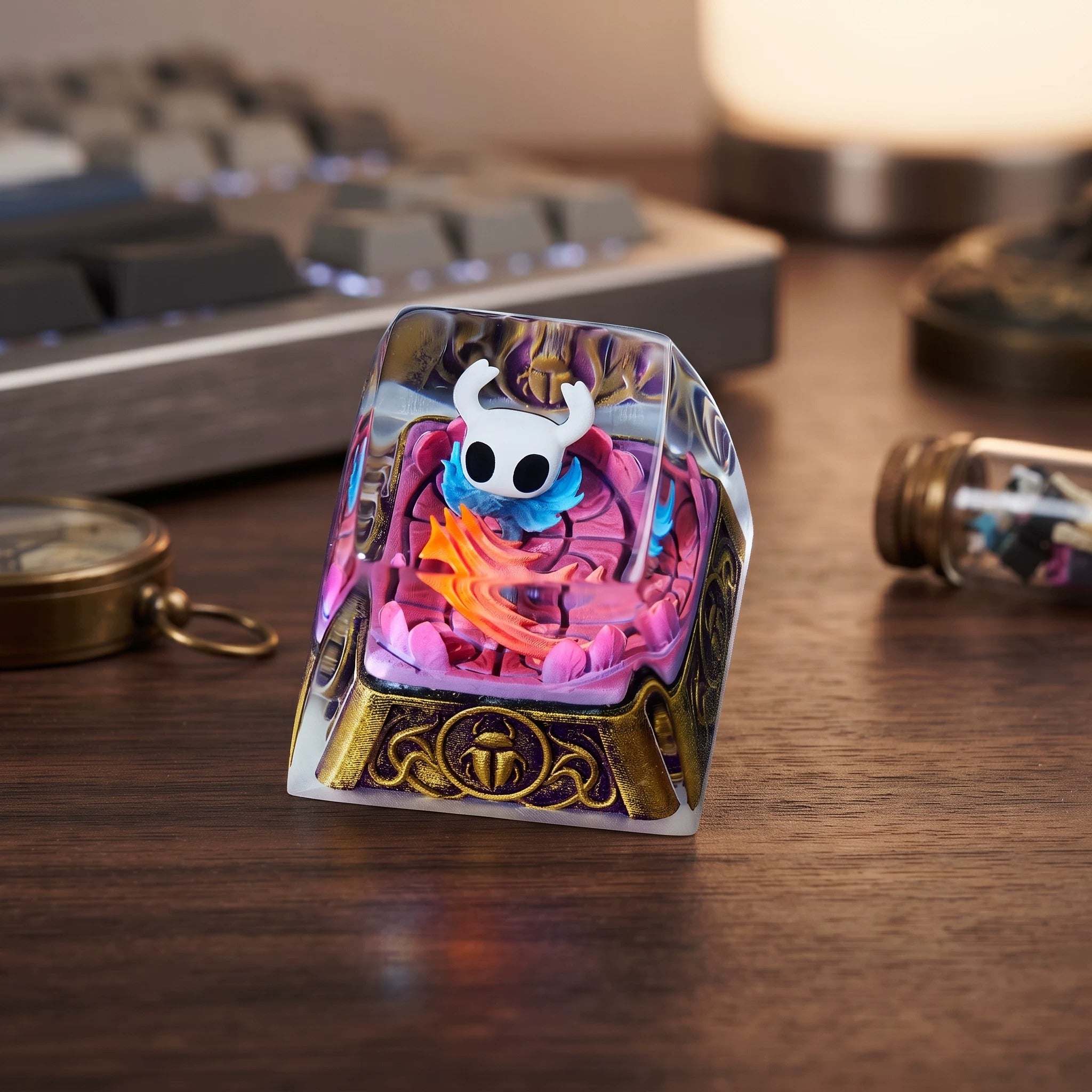 Hollow Knight, Dark Gold Base Style coating and sealing design, Crystal Resin Personalized Keycaps, Anime Game Culture Creative Resin Keycaps, Mechanical Keyboard Art Decorative Keycaps