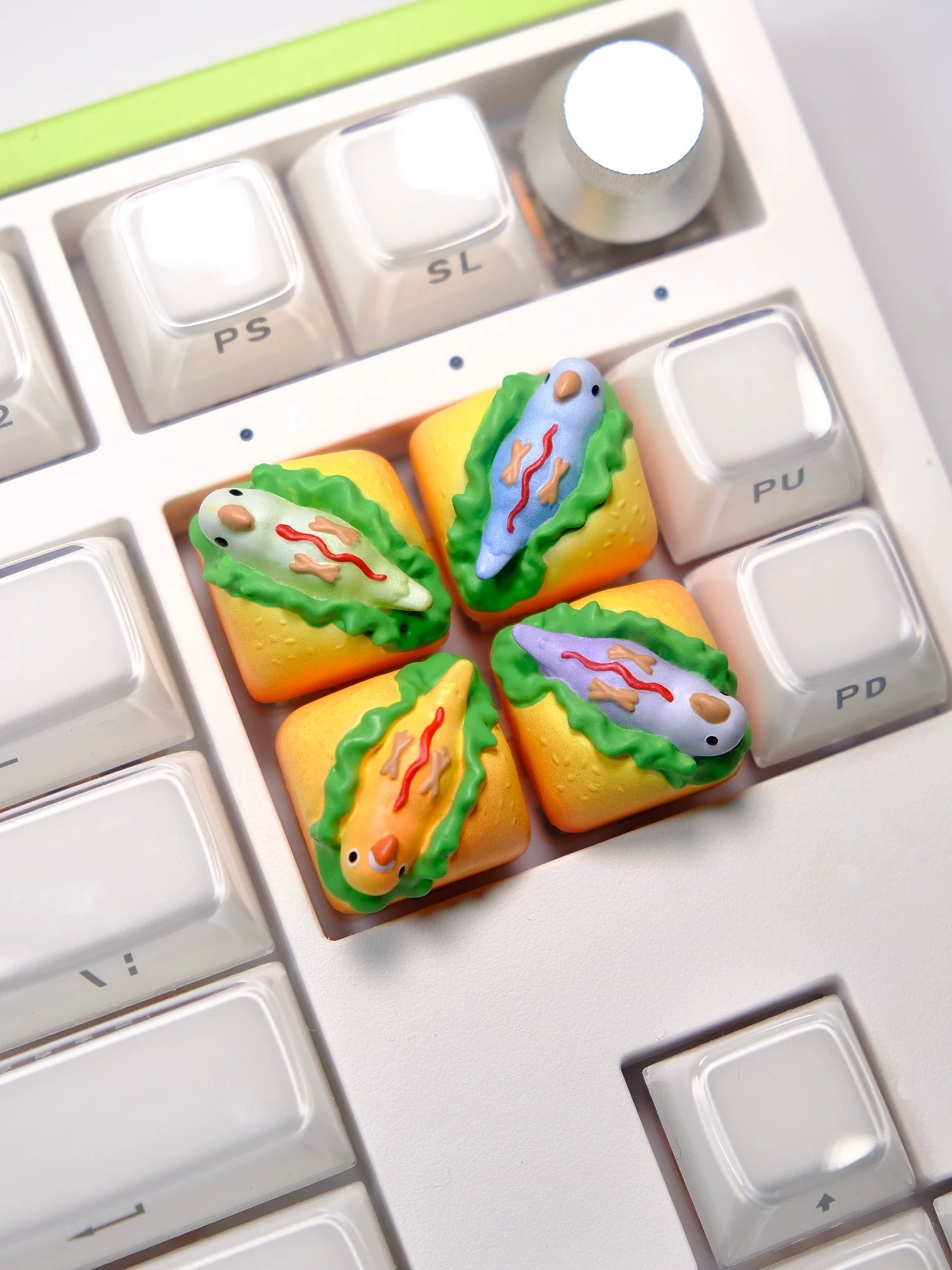 Agapornis， Hot dog parrot shaped, resin coated personalized keycaps, mechanical keyboard cartoon decorative keycaps