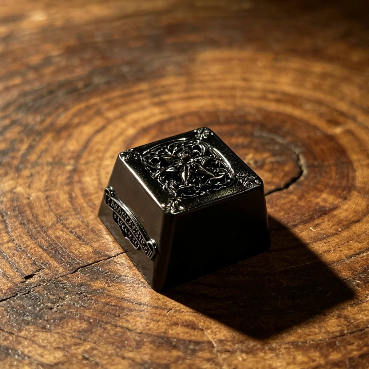 Copper plated black, retro patterned Gothic style metal accented keycaps, metal personalized keycaps, and trendy, artistic keycaps for mechanical keyboards.