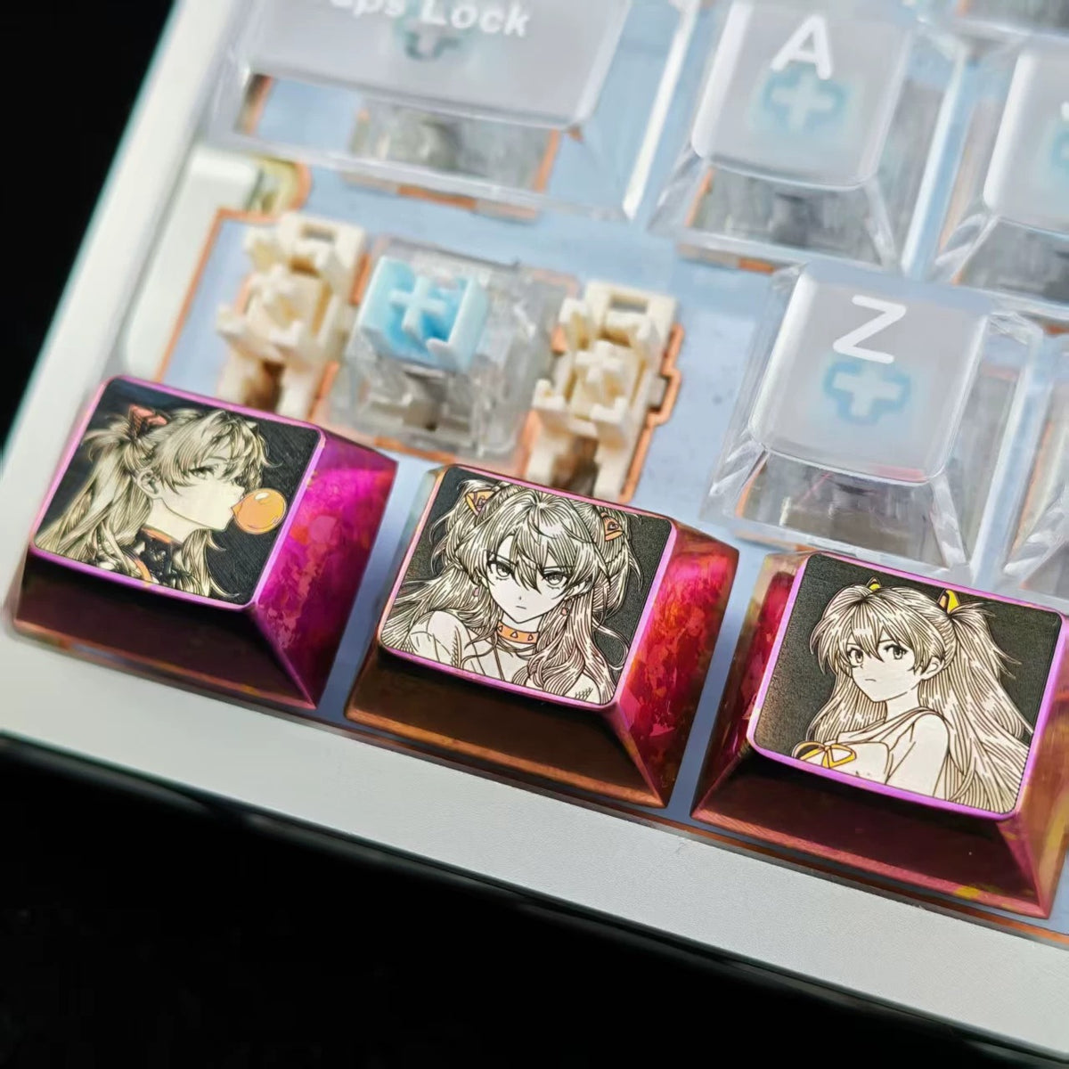 EVA, Asuka themed intricately carved lines 1.25 U titanium alloy metal personalized keycaps, anime and game character peripheral products, decorative keycaps.