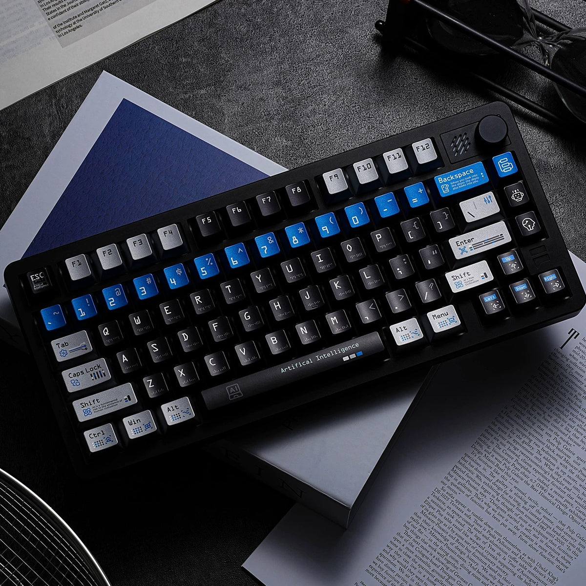 Artificial intelligence themed design, personalized key cap set with metallic paint texture, AI intelligent mechanical keyboard decorative keycaps, compatible with 61/64/68/75/84/87/104 key mechanical keyboard