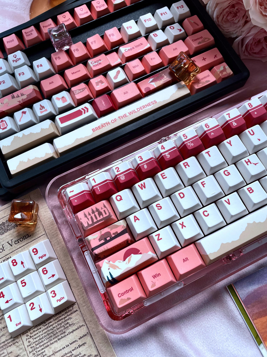 Personalized keycap set with Twilight Wilderness theme, featuring a red main tone and original high PBT material for personalized customization of mechanical keyboard keycaps