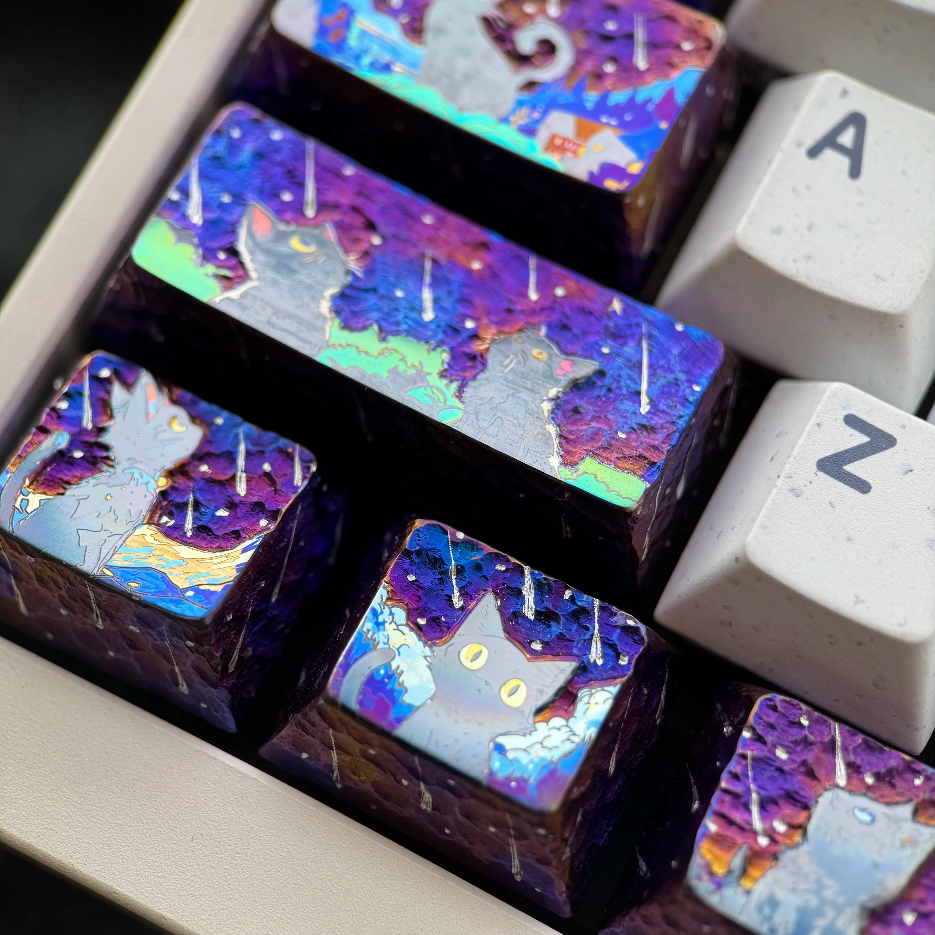 Starry Sky Cat Series, Purple Starry Sky Meteor Theme Titanium Alloy Hand Carved Titanium Alloy Personalized Keycaps, Fairy Tale Creative Decorative Keycaps Metal Art Keycaps