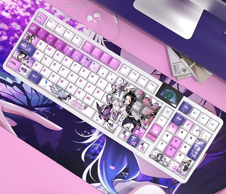 Demon Slayer: Kimetsu no Yaiba，Kochou Shinobu Theme PBT material personalized keycap set, anime cultural creative decoration keycap set, compatible with 61/64/68/75/84/87/104 mechanical keyboard