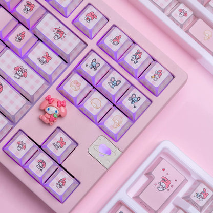My Melody theme design personalized keycap set with folded edges, transparent side engraving, PBT material, heat sublimation process, original factory height mechanical keyboard decoration keycap set