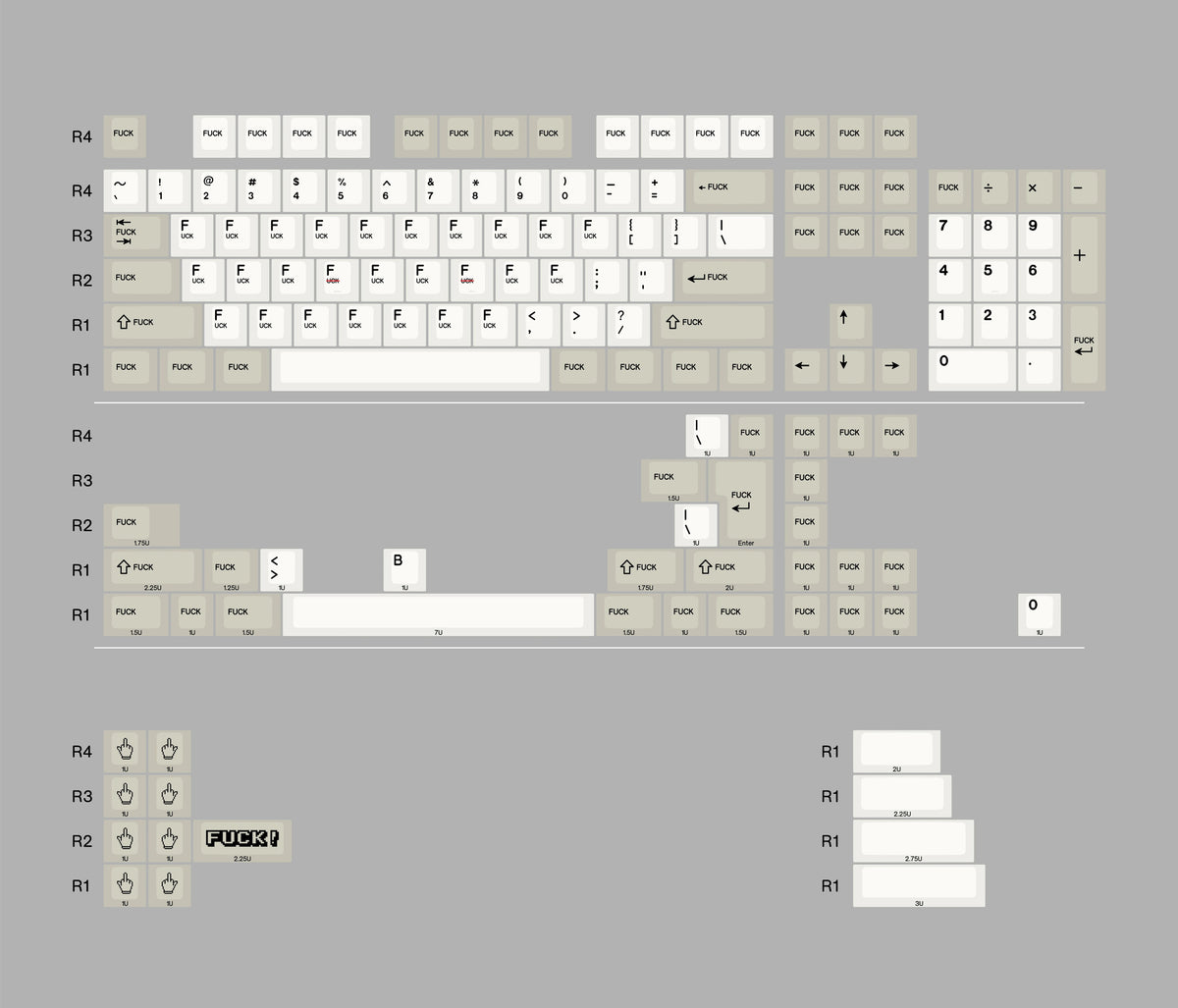 FXXK Theme Design Retro gray FK middle finger mechanical keyboard keycap PBT thermal sublimation complete set factory height， Mechanical keyboard decoration replaces keycaps, Compatible with 61/64/68/75/84/87/104 Key Mechanical Keyboard Keycap Set