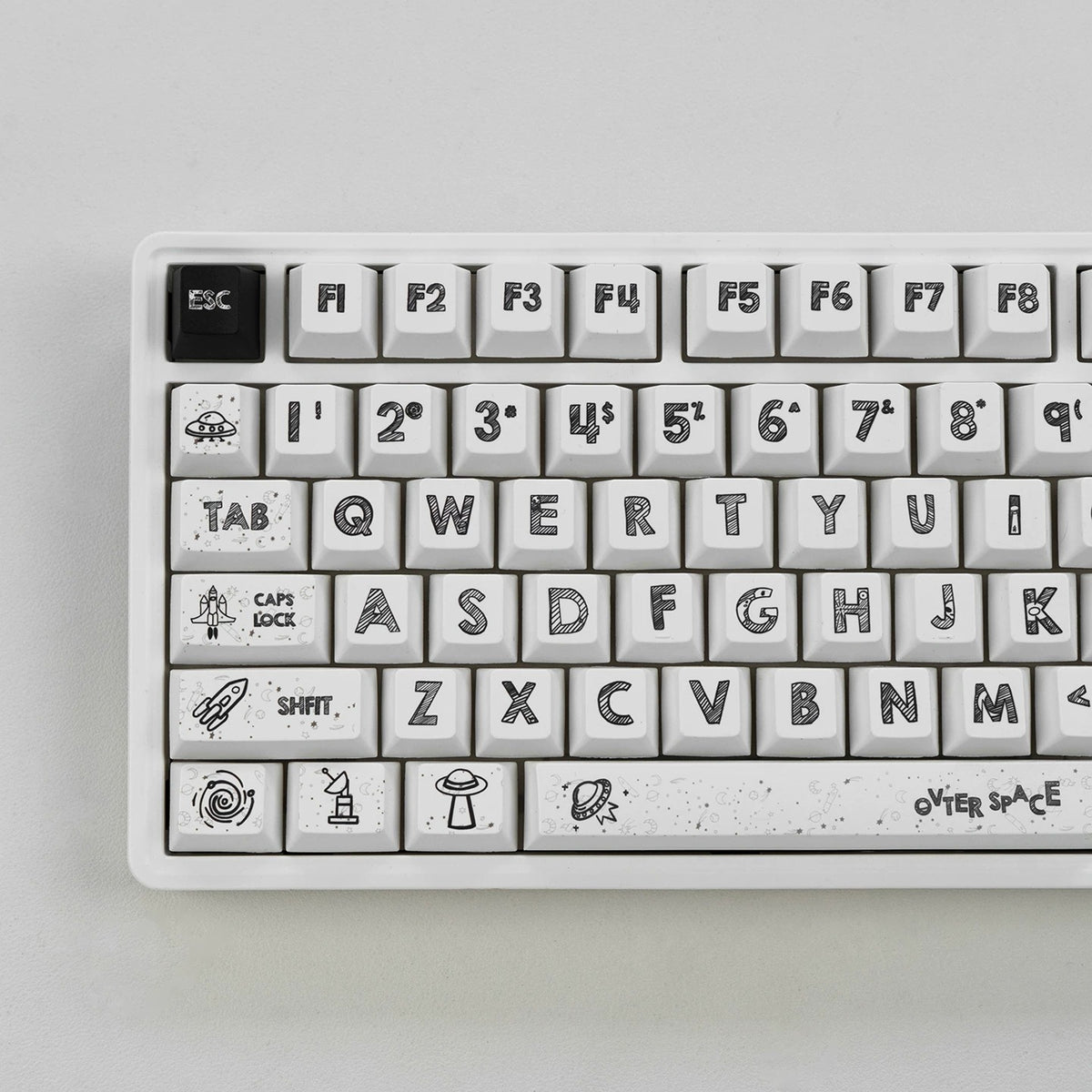 White astronaut theme, space UFO creative design big characters PBT material personalized keycap set, creative decorative keycap set, compatible with 61/64/68/75/84/87/104 mechanical keyboard replacement keycap