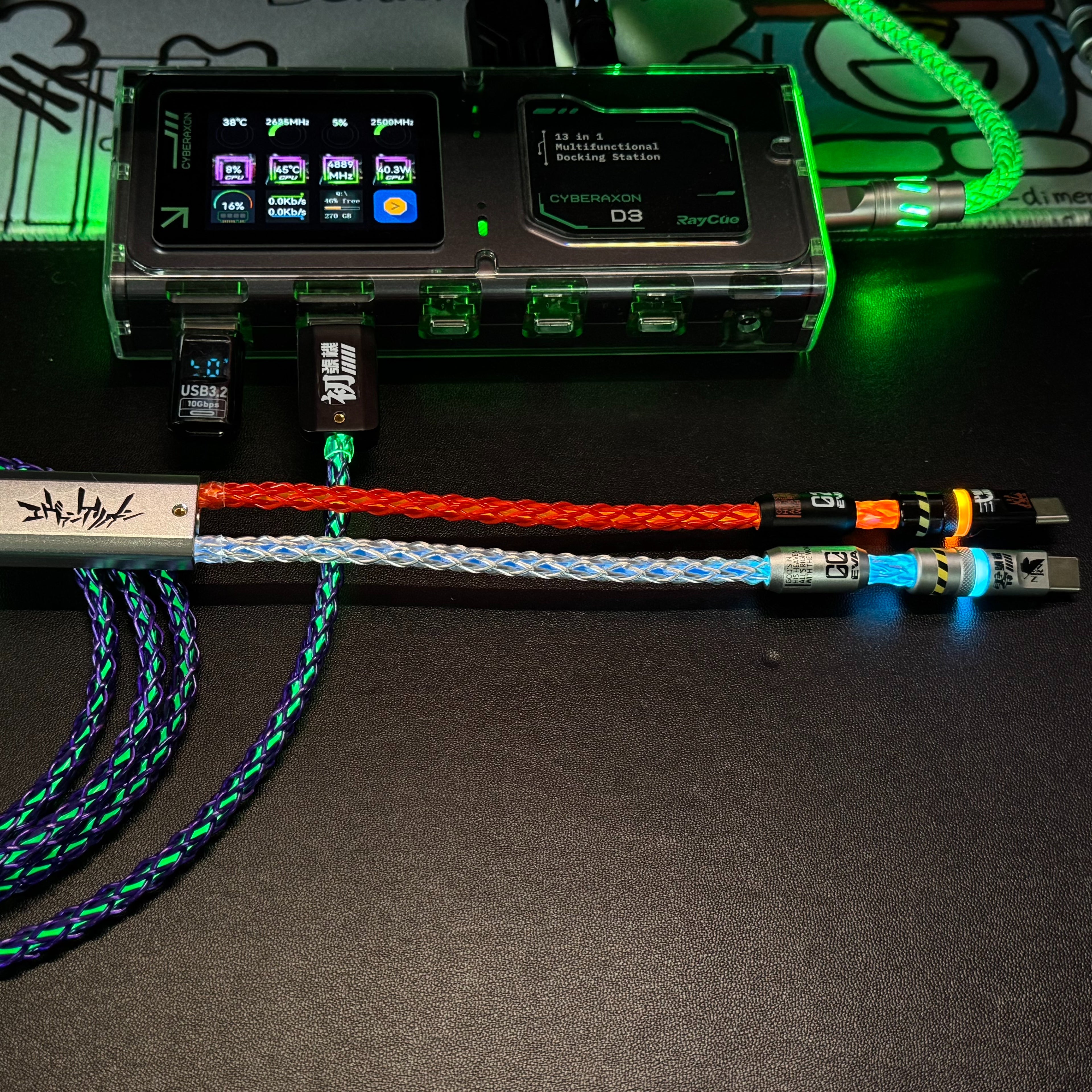 Customized manual data cable for mechanical keyboard with EVA theme design, dual type C aviation plug, dual 8K luminous data cables, magnetic axis mechanical keyboard