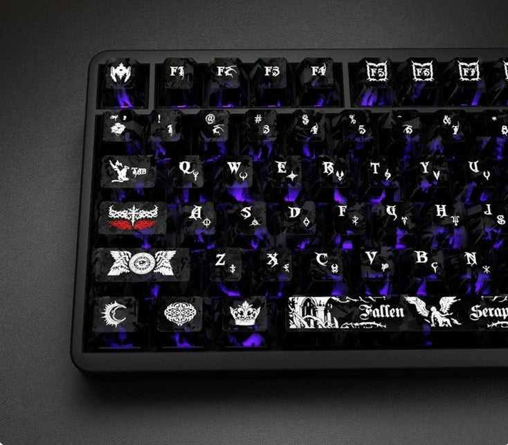 Dark Angel Theme Carbon Fiber Texture Original Factory Height Transparent PC Thermal Sublimation Process, Compatible with 61/64/68/75/84/87/104 Key Mechanical Keyboard Keycap Set