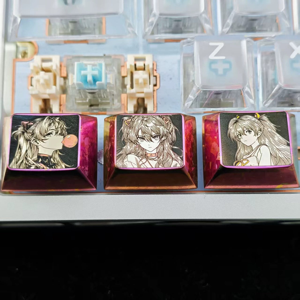 EVA, Asuka themed intricately carved lines 1.25 U titanium alloy metal personalized keycaps, anime and game character peripheral products, decorative keycaps.