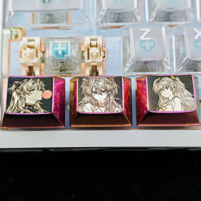 EVA, Asuka themed intricately carved lines 1.25 U titanium alloy metal personalized keycaps, anime and game character peripheral products, decorative keycaps.