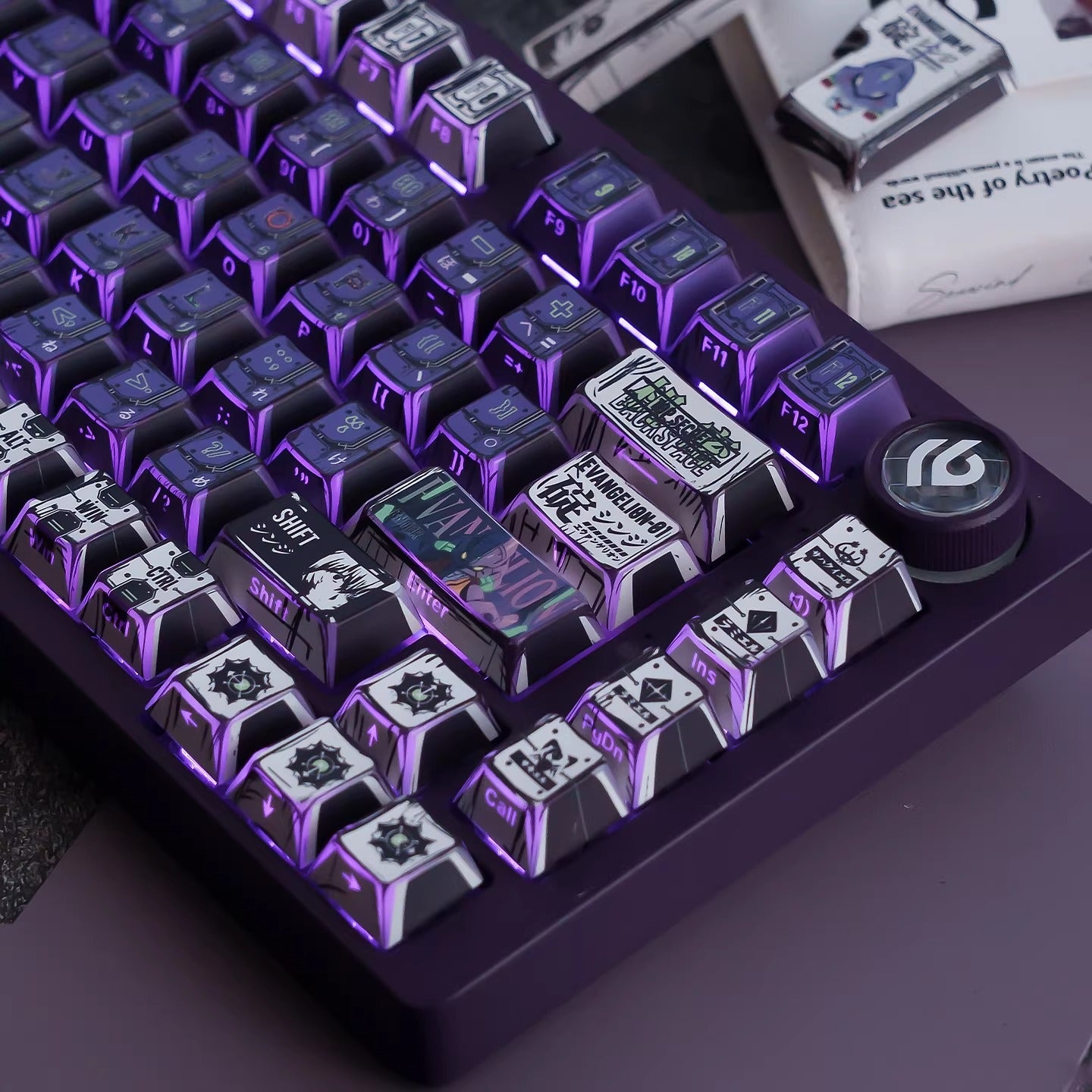 EVA series, EVANGELION-01 theme, comic style PBT keycap with folded edges and transparent five sided heat sublimation mechanical keyboard decoration keycap, compatible with 61/64/68/75/84/87/104 key mechanical keyboard keycap set
