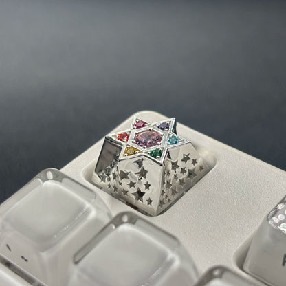 Hexagonal star, multi-color gemstone inlay, 925 sterling silver personalized keycap, hollowed out design mechanical keyboard metal decorative keycap