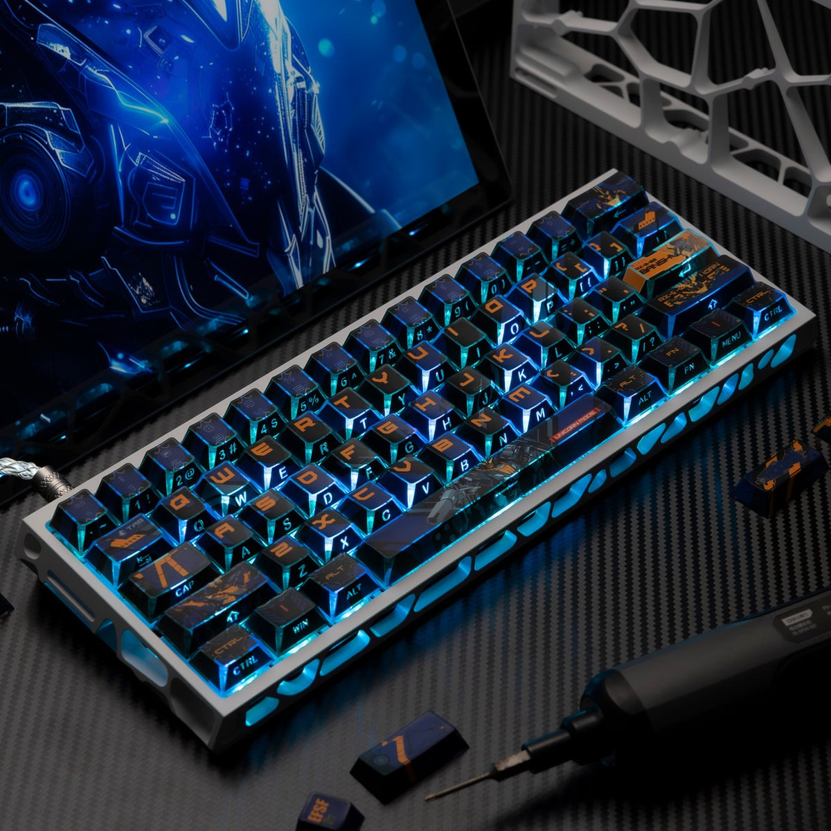 Gundam Theme Series Design Creative Set Keycaps, Light and Shadow Transparent, Folding Transparent Effect personalized keycap set, mechanical keyboard fashionable trend keycap compatible with 61/64/68/75/84/87/104 key mechanical keyboard