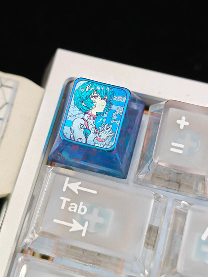 EVA, Ayanami Rei Theme Design, 1 U titanium alloy metal personalized keycaps, anime oil painting cultural creative keycaps, mechanical keyboard artistic decorative keycaps