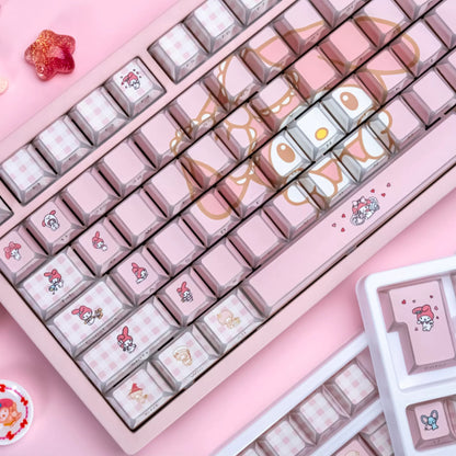 My Melody theme design personalized keycap set with folded edges, transparent side engraving, PBT material, heat sublimation process, original factory height mechanical keyboard decoration keycap set