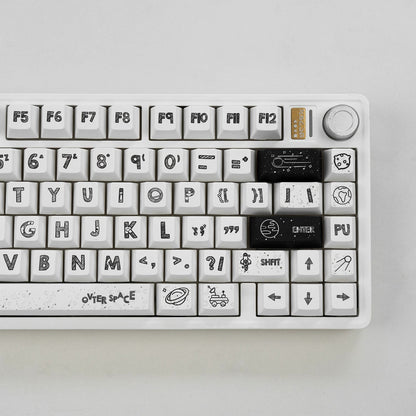 White astronaut theme, space UFO creative design big characters PBT material personalized keycap set, creative decorative keycap set, compatible with 61/64/68/75/84/87/104 mechanical keyboard replacement keycap