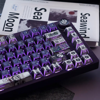 EVA series, EVANGELION-01 theme, comic style PBT keycap with folded edges and transparent five sided heat sublimation mechanical keyboard decoration keycap, compatible with 61/64/68/75/84/87/104 key mechanical keyboard keycap set