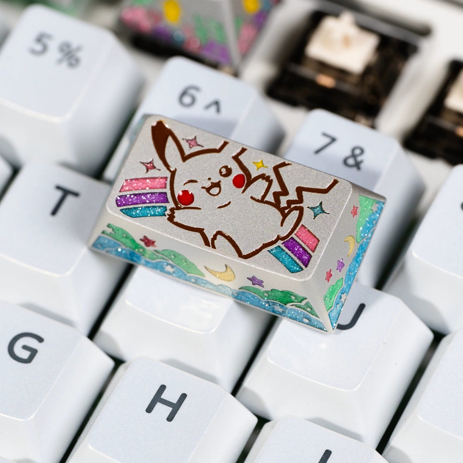 Pok é mon series, Pikachu themed design, keycaps made of aluminum alloy material CNC integrated precision machining personalized keycaps, mechanical keyboard decorative keycaps