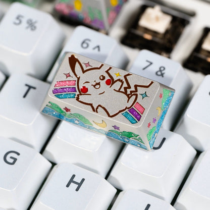 Pok é mon series, Pikachu themed design, keycaps made of aluminum alloy material CNC integrated precision machining personalized keycaps, mechanical keyboard decorative keycaps