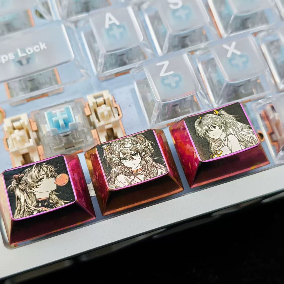 EVA, Asuka themed intricately carved lines 1.25 U titanium alloy metal personalized keycaps, anime and game character peripheral products, decorative keycaps.
