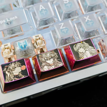 EVA, Asuka themed intricately carved lines 1.25 U titanium alloy metal personalized keycaps, anime and game character peripheral products, decorative keycaps.