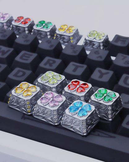 Lucky Four Leaves Clover, metal gemstone combined with personalized keycaps, lucky item mechanical keyboard decorative keycaps.