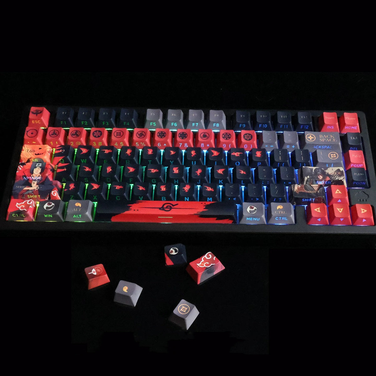 NARUTO，Uchiha Itachi theme, PBT material personalized keycaps, mechanical keyboard replacement keycap set, anime and game cultural and creative keycaps set, Compatible with 61/64/68/75/84/87/104 Key Mechanical Keyboard Keycap Set