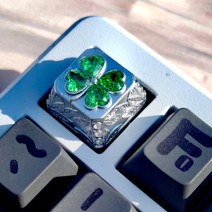 Lucky Four Leaves Clover, metal gemstone combined with personalized keycaps, lucky item mechanical keyboard decorative keycaps.