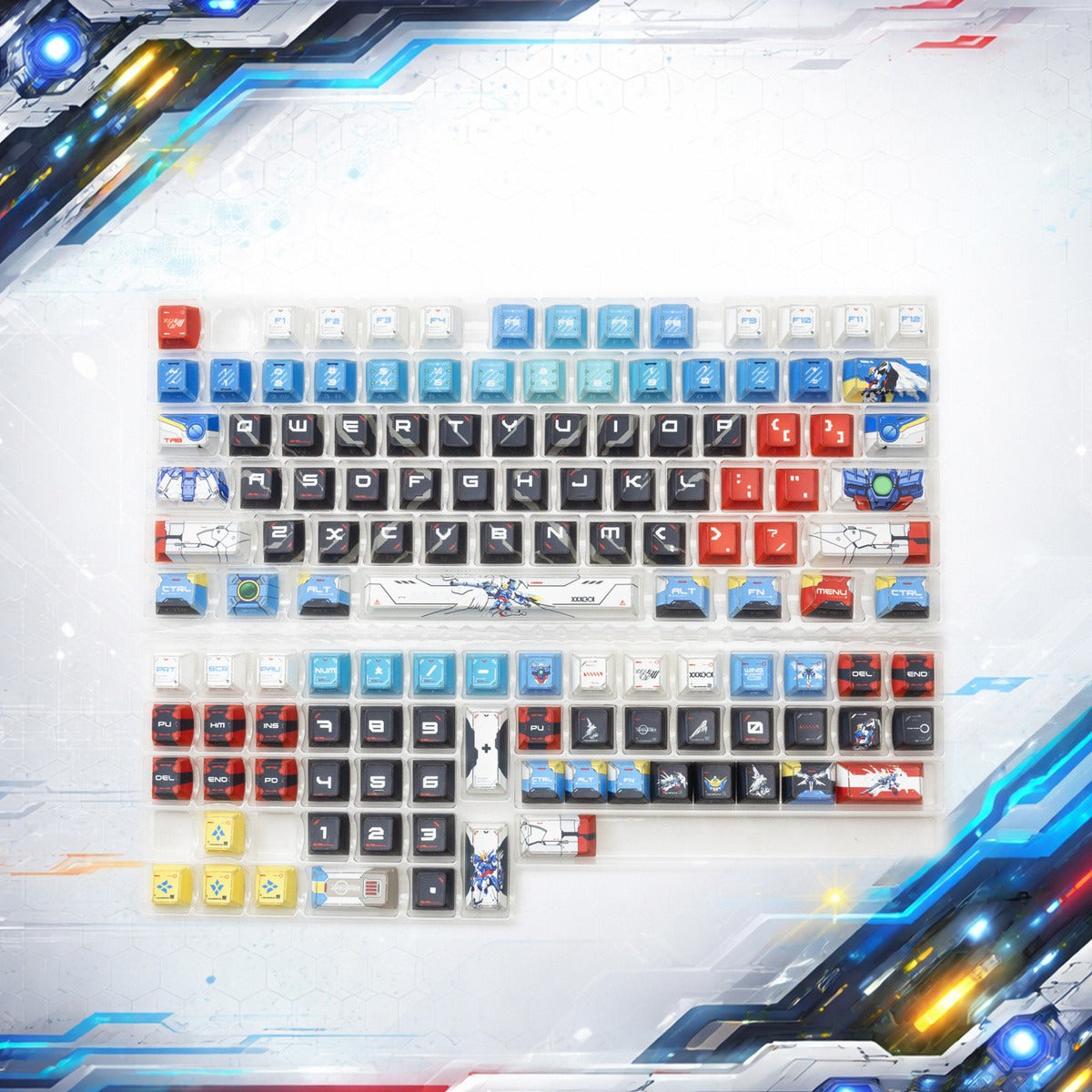 Gundam Theme Series Design Creative Set Keycaps, Light and Shadow Transparent, Folding Transparent Effect personalized keycap set, mechanical keyboard fashionable trend keycap compatible with 61/64/68/75/84/87/104 key mechanical keyboard