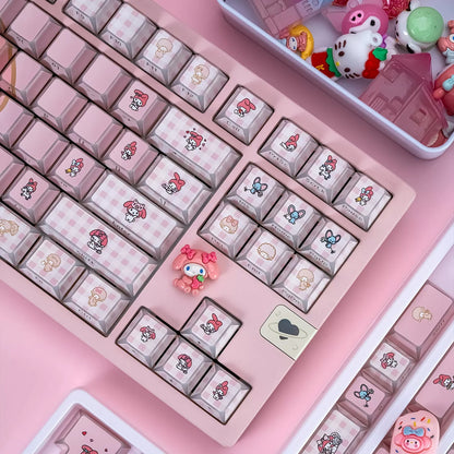 My Melody theme design personalized keycap set with folded edges, transparent side engraving, PBT material, heat sublimation process, original factory height mechanical keyboard decoration keycap set