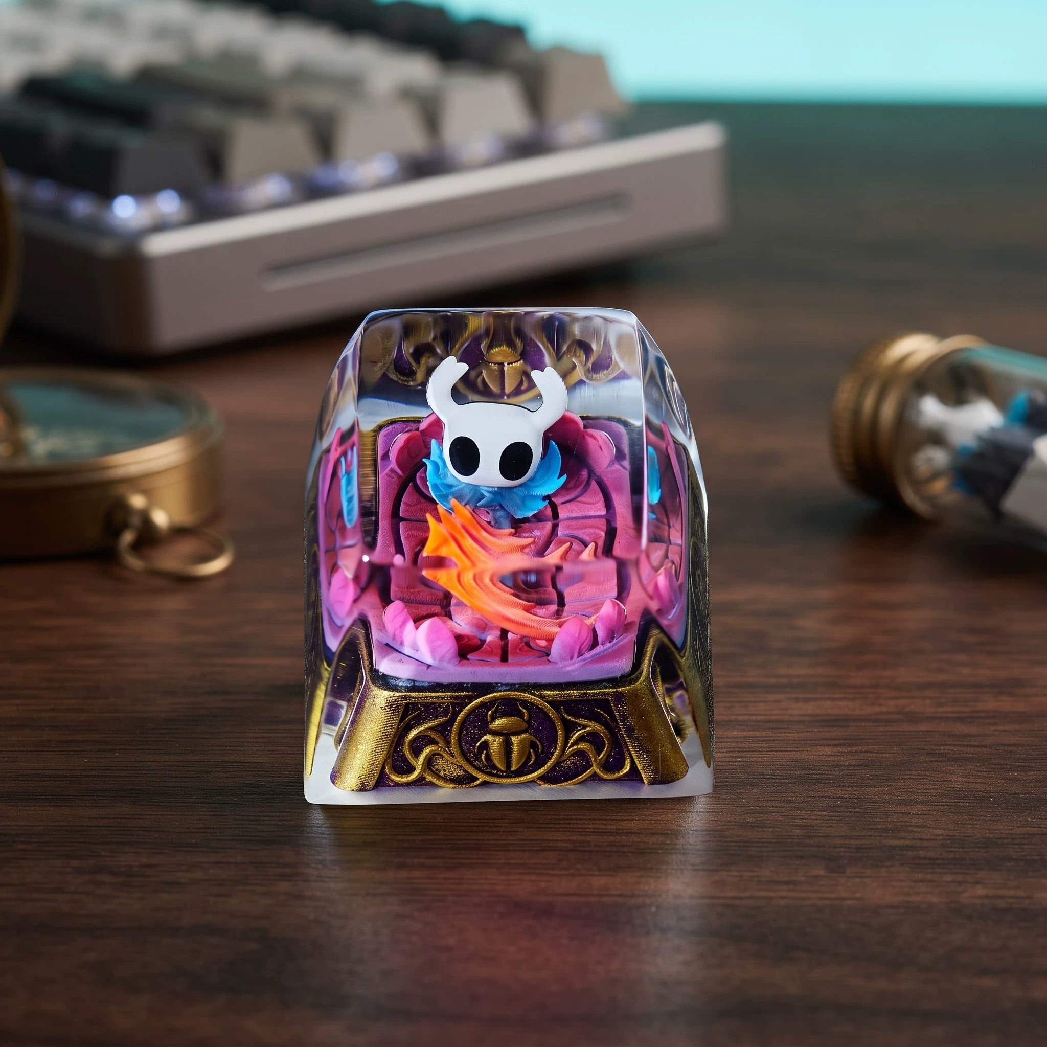 Hollow Knight, Dark Gold Base Style coating and sealing design, Crystal Resin Personalized Keycaps, Anime Game Culture Creative Resin Keycaps, Mechanical Keyboard Art Decorative Keycaps